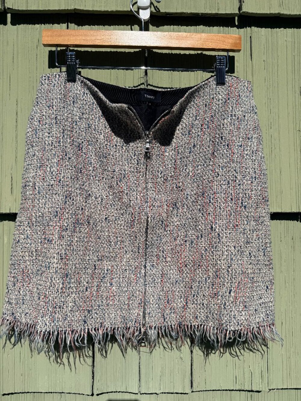 Theory Women's Winsty Multi Tweed Mini Skirt Gray Blue Zip Fringe Sz 10 Mint